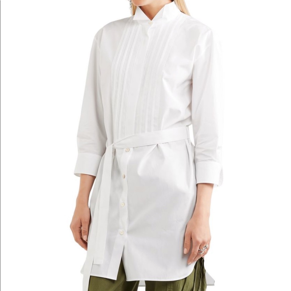 Burberry white belted pintucked cotton tunic shirt